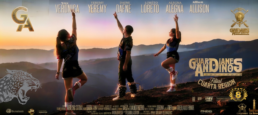 Three dancers pose triumphantly on a mountain at sunset, showcasing their athleticism and routine.